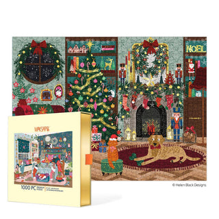 The WerkShoppe Festive Family Room 1,000 Piece Jigsaw Puzzle features a cozy holiday scene with a decorated tree, stockings, gifts, and a dog in the family room. The puzzle box is displayed in the foreground.