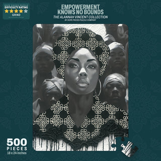 The Empowerment Knows No Bounds 500-piece jigsaw puzzle by Dope Pieces features grayscale art of a woman in a patterned headwrap with others behind her, celebrating strength and unity. Text reads "Empowerment Knows No Bounds.
