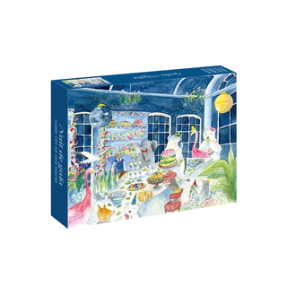 The Gala Night | 1,000 Piece Jigsaw Puzzle box displays an illustration of animals in party hats gathered at a table in a glass conservatory at night, printed on premium blue board.