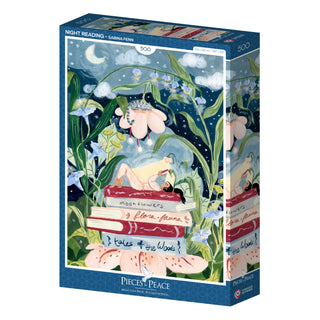 The “Night Reading” 500-piece jigsaw puzzle by Pieces & Peace features Sabina Fenn’s art of a person reading atop stacked books, surrounded by flowers and plants beneath a night sky. Made in France.