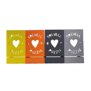 The Trevell Puzzle Display by Trevell features four rectangular pieces in yellow, orange, dark gray, and light gray, each with a heart-shaped cutout—perfect as a stylish puzzle box stand or charming 3D printed accessory.