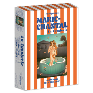 The Marie-Chantal "Kiddie Pool Venus" 1,000 piece jigsaw puzzle features a classical-style painting of a nude woman in a kiddie pool, with ducks and palm trees, on an orange and white striped box.