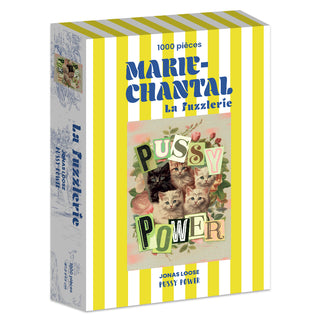 The Marie-Chantal Pussy Power 1,000-piece jigsaw puzzle features four kittens on the box, a luxurious velvet finish, and is made in France.