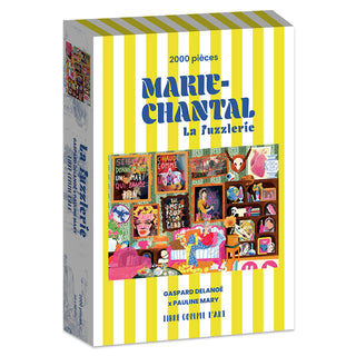 The "Libre comme l'art" 2,000-piece jigsaw puzzle by Marie-Chantal features vibrant artwork of an eclectic living room and a luxurious velvet finish.