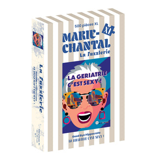 Marie-Chantal’s “La gériatrie c'est Sexy” is a 500-piece XL jigsaw puzzle featuring a vibrant cartoon of an older woman with sunglasses. Enjoy easy-to-handle XL pieces and a smooth velvet finish.