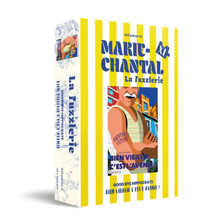 Puzzle box with yellow and white stripes featuring an illustrated person in front of colorful buildings, French text, and the Marie-Chantal brand. Contains Bien vieillir c'est l'avenir | 500 XL Piece Jigsaw Puzzle.