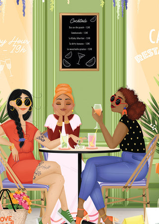 Three women chat and relax with drinks at a café, set against a green wall with a cocktail menu—beautifully captured in the Marie-Chantal "Happy Hour" 99 Piece Jigsaw Puzzle, made in France.