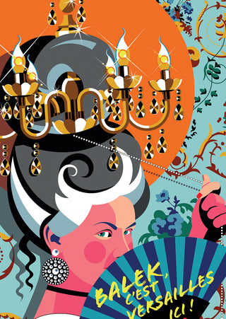 The Marie-Chantal "Balek, c'est Versailles ici" 99-piece jigsaw puzzle features a woman with high white hair under a chandelier, holding a blue fan with the phrase and set against an ornate, colorful background. Made in France.