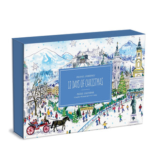 The Michael Storrings 12 Days of Christmas Advent Puzzle Calendar by Galison features vibrant city artwork, perfect for fans of festive puzzles or advent calendar experiences.