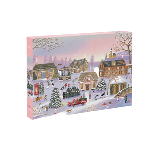 Enjoy holiday fun with the Olleo Puzzles "Winter Wonderland" 1,000 piece jigsaw puzzle, featuring an illustrated advent calendar of a snowy village at dusk with people, trees, a red truck, and festive decorations.