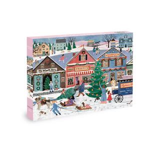 Enjoy a charming winter village scene with people ice skating, sledding, and decorating a Christmas tree in front of colorful shops in the General Store | 500 Piece Jigsaw Puzzle by Olleo Puzzles.