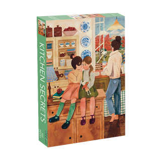 Kitchen Secrets | 500 Piece Jigsaw Puzzle by Olleo Puzzles features Elisabeth Dorrian’s cozy kitchen scene with three people; packaged in a reusable cotton bag.