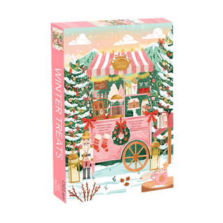 Winter Treats | 500 Piece Jigsaw Puzzle by Olleo Puzzles showcases a decorated outdoor sweets cart with holiday wreaths, trees, and a nutcracker in a snowy mountain scene—perfect for art jigsaw fans.