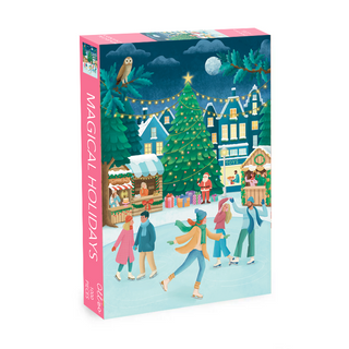 The Olleo Puzzles Magical Holidays 1,000 Piece Jigsaw Puzzle features a festive holiday market scene with ice skaters, a large decorated tree, and sparkling string lights.
