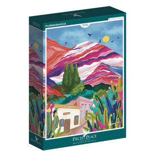The Purmamarca | 1,000 Piece Jigsaw Puzzle by Pieces & Peace features an illustrated scene of colorful striped mountains, a house, trees, cacti, birds, and the sun. Made in France.