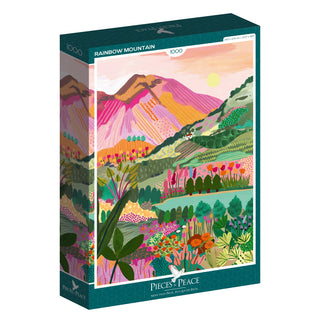 The Rainbow Mountain | 1,000 Piece Jigsaw Puzzle by Pieces & Peace features a vibrant illustrated landscape with mountains, plants, and trees. Made in France, this high-quality puzzle offers hours of fun for all ages.
