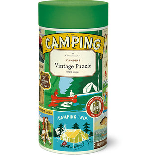 A cylindrical container with a green lid holds Cavallini & Co.’s Camping | 1,000 Piece Jigsaw Puzzle, featuring vintage camping-themed illustrations.
