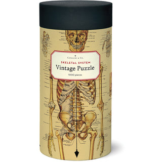 A cylindrical container displays an anatomical skeletal diagram and holds the Cavallini & Co. Skeletal System 1,000 Piece Jigsaw Puzzle.