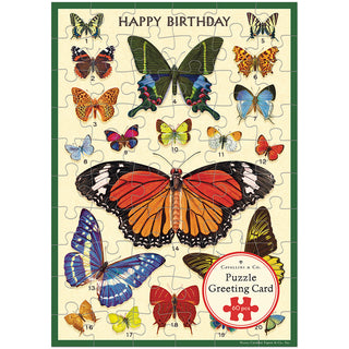 The Cavallini & Co. Happy Birthday Butterflies is a 60-piece greeting card jigsaw puzzle featuring vibrant butterflies and a "Happy Birthday" message, perfect for sending unique birthday greetings.