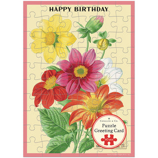 Celebrate with Cavallini & Co.'s Happy Birthday Language of Flowers—a 60-piece greeting card jigsaw puzzle featuring floral illustrations and "Happy Birthday" at the top. A unique, fun twist on birthday greetings!.