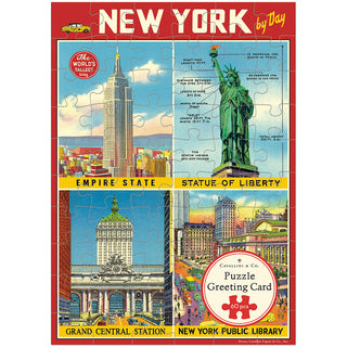 The Cavallini & Co. New York City 60 Piece Greeting Card Jigsaw Puzzle showcases illustrated scenes of the Empire State Building, Statue of Liberty, Grand Central Station, and New York Public Library with labeled details.