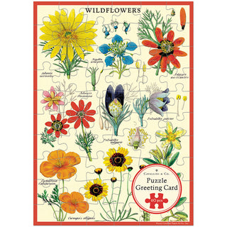 The Cavallini & Co. "Wildflowers | 60 Piece Greeting Card Jigsaw Puzzle" features illustrated wildflowers with scientific names. Titled "Wildflowers," it’s a unique, challenging way to send your greetings.