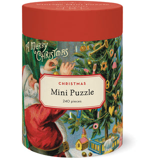 The Cavallini & Co. Christmas Santa 240 Piece Jigsaw Puzzle comes in a round red and white container with Santa and a tree. Inspired by the Cavallini archives, it measures 10.5" x 14" and holds up to 240 pieces.