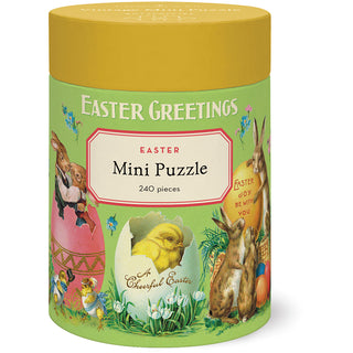 The Cavallini & Co. Easter | 240 Piece Jigsaw Puzzle features rabbits, a chick, eggs, and spring flowers. The 10.5" x 14" puzzle comes in a cylindrical container with a biodegradable bag.
