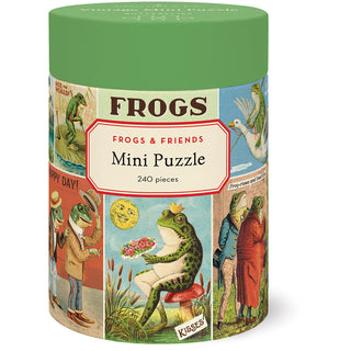 The Cavallini & Co. Frogs & Friends | 240 Piece Jigsaw Puzzle comes in a cylindrical container with whimsical frog illustrations inspired by the Cavallini archives.