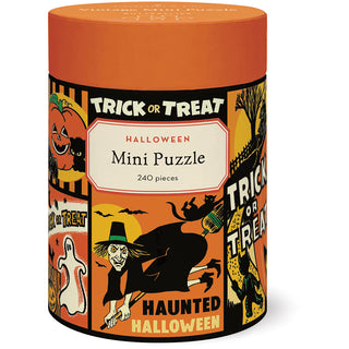 The Cavallini & Co. Halloween | 240 Piece Jigsaw Puzzle comes in a cylindrical container with vintage-style Halloween illustrations and includes a biodegradable storage bag.