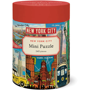 The Cavallini & Co. New York City 240 Piece Jigsaw Puzzle comes in a cylindrical box with vibrant archival illustrations, iconic NYC landmarks, and includes a biodegradable storage bag.