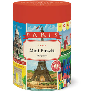The Paris | 240 Piece Jigsaw Puzzle by Cavallini & Co. features colorful archival illustrations, comes in a cylindrical box with a biodegradable bag, and assembles into a 10.5" x 14" image of landmarks like the Eiffel Tower and Sacré-Cœur.