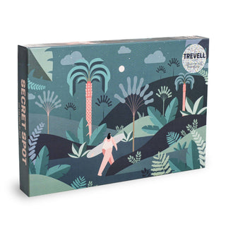 The Secret Spot | 1,000 Piece Jigsaw Puzzle by Trevell comes in a rectangular box featuring an illustrated landscape of a person wandering among tropical plants beneath a night sky. Perfect for those who love coastal escapes and mindful challenges, this puzzle beautifully captures the tranquil spirit of adventure.