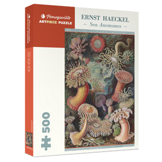 The Pomegranate Ernst Haeckel: Sea Anemones 500 Piece Jigsaw Puzzle features beautiful sea anemone art, with the product name elegantly displayed on the box.