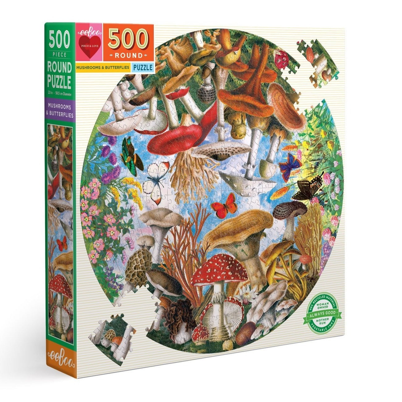 Mushrooms and Butterflies | 500 Piece Round Jigsaw Puzzle