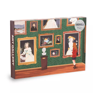 The “Art Gallery | 500 Piece Jigsaw Puzzle” by Trevell features artwork by Nicolle Lalonde, showing a woman in a red dress admiring portraits and art pieces in a green-walled gallery.